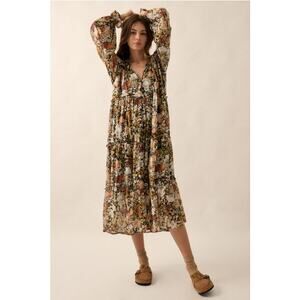 Promesa Black Size Small Floral V-Neck Chiffon Midi Dress